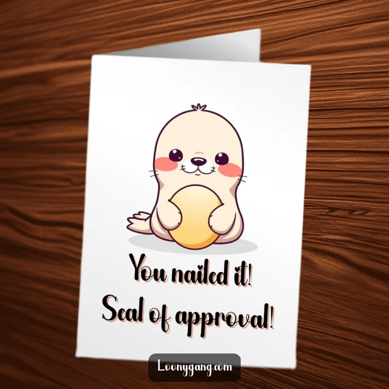 Funny Free Printable Congratulations Card: Playful seal wobbling precariously while balancing a ball on its nose.