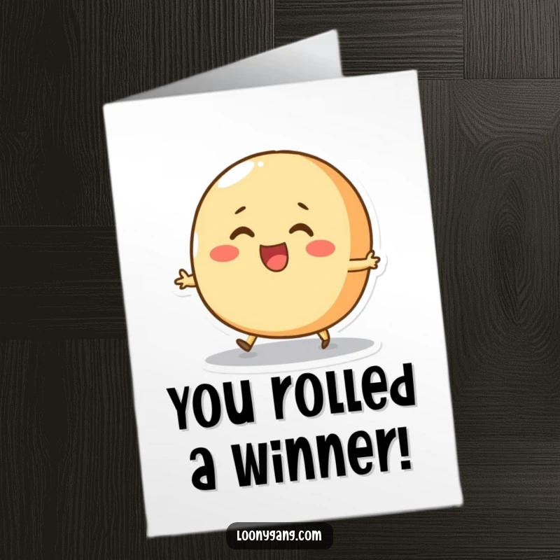 Funny Free Printable Congrats Card: A round, cheerful bread roll character attempts to skip with glee to celebrate.