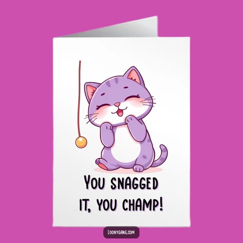 Free Printable Congrats Card: Purple Cat String Play, Humorous Downloadable for Any Achievement
