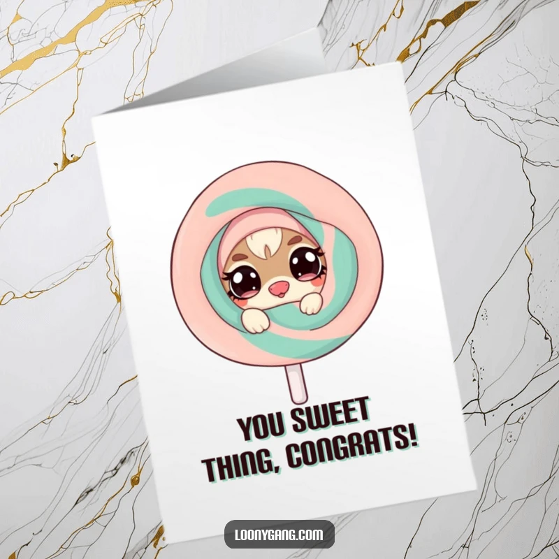 Free Printable Congratulations Card: A tiny, mischievous creature with wide eyes peeks out from behind a huge, wobbling lollipop.