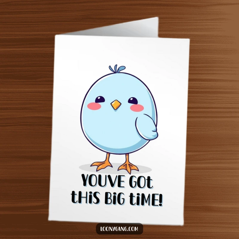 Funny free printable congratulations card: A round blue bird with comically large, wobbly feet doing a happy dance to celebrate.