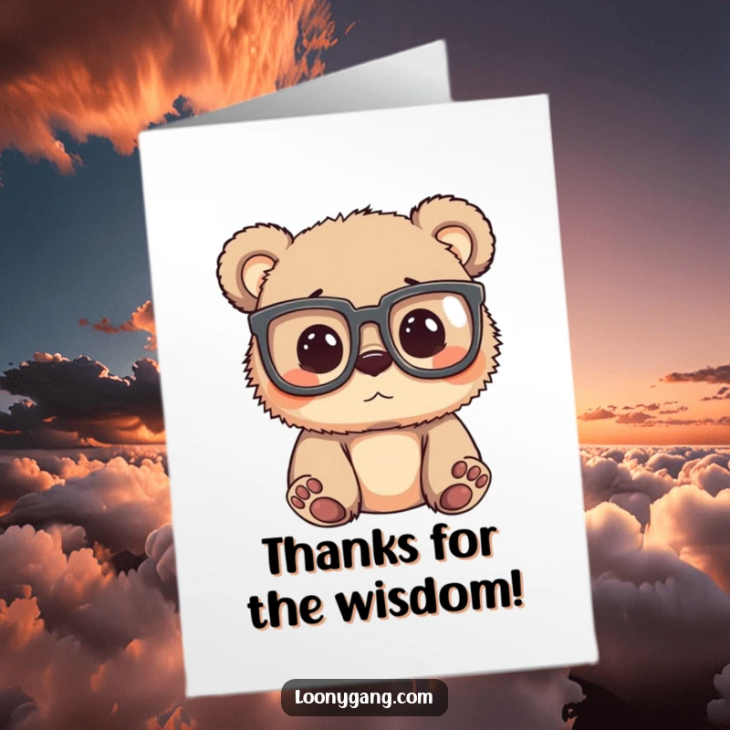 Funny Free Printable thank you card featuring a silly bear cub wearing huge glasses and peering intently, a delightful DIY.