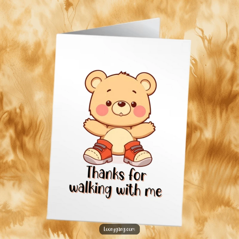 Funny free printable thank you card featuring a bear cub wobbling in oversized shoes, a sweet gesture.