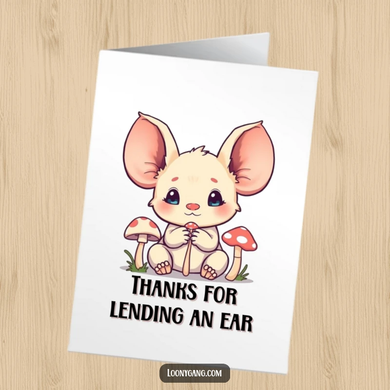 Funny Free Printable Thank You Card: Creature with massive ears listens closely to a minuscule mushroom.