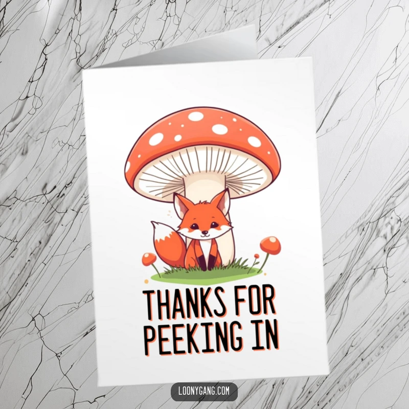 Funny free printable thank you card featuring a red fox peeking out from behind a large, comical mushroom. A downloadable thank you!