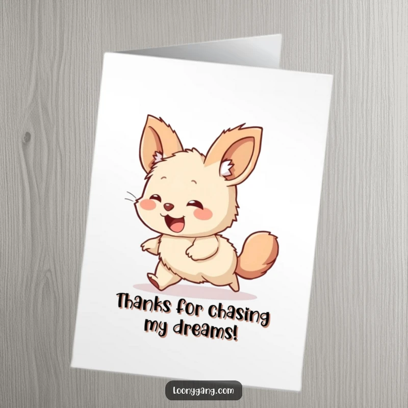 Funny Free Printable thank you card of a giggling, furry creature with oversized ears caught in a happy tail-chase.