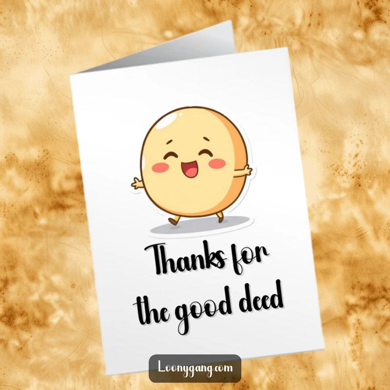 Funny Free Printable Thank You Card: Round, cheerful bread roll character attempting a skip, conveying a funny thank you.