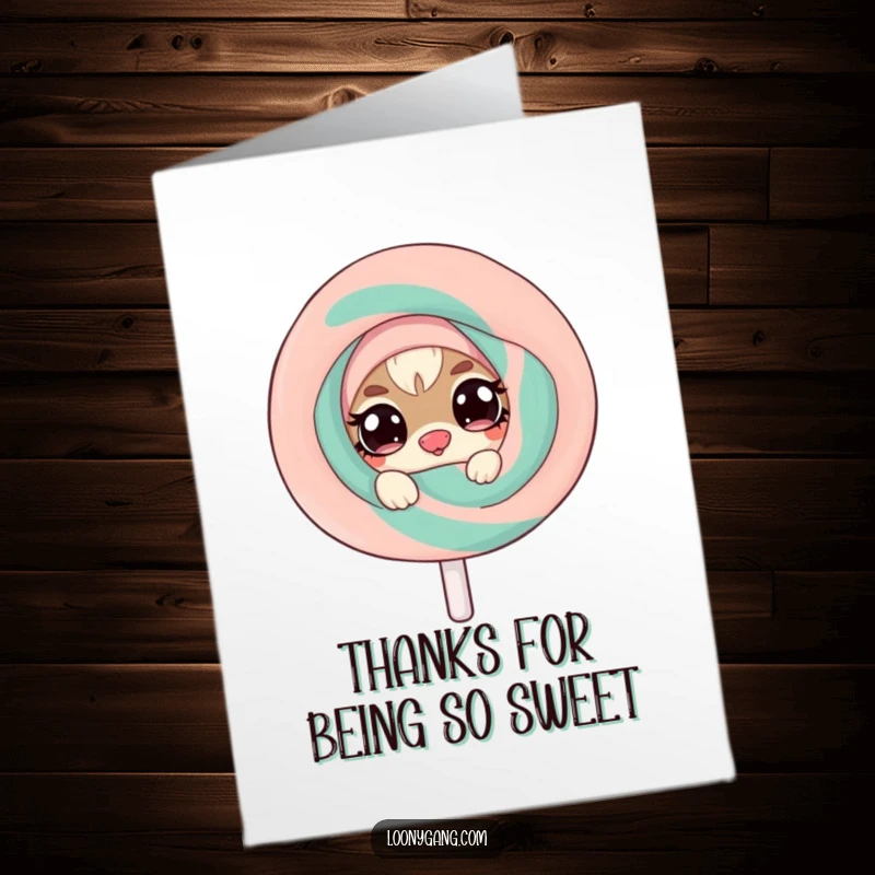 Funny Free Printable Thank You Card: A small creature with wide, twinkling eyes is peeking from behind a massive, wobbly lollipop.
