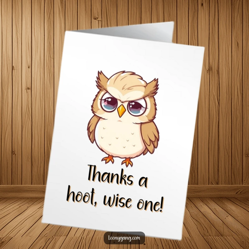 Funny Free Printable Thank You Card with a clumsy owl looking flustered, holding an oversized feather, saying thanks.