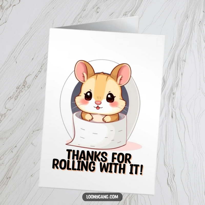 Funny Free Printable Thank You Card: Silly hamster cub peeking out from a toilet paper roll, looking mischievous. A downloadable gift.