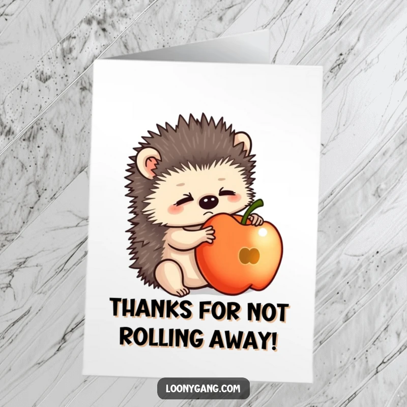 Funny Free Printable Thank You Card: Bewildered hedgehog cub holding an apple steady, looking relieved. A downloadable gift.