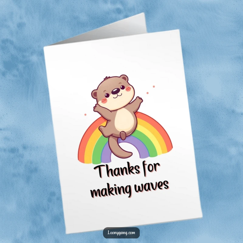 Funny Free Printable Thank You Card: A playful otter character joyfully sliding down a rainbow, conveying thanks with vibrant, happy energy.