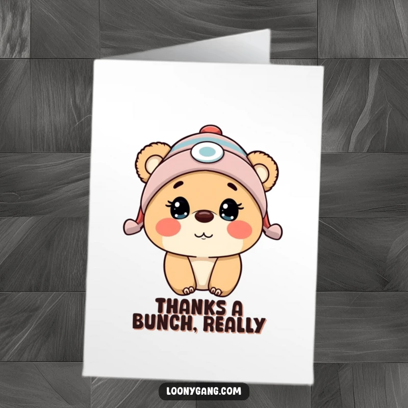 Funny Free Printable Thank You Card with a surprised bear cub wearing a propeller beanie, expressing thanks.
