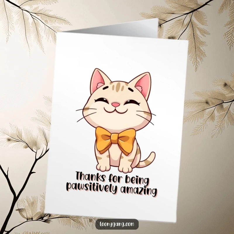 Funny Free Printable Thank You card of a grinning cat sporting a huge bowtie in a wonderfully silly pose.