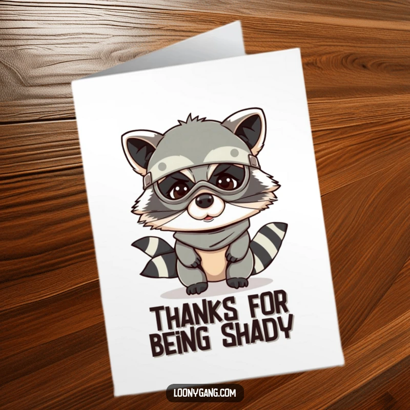Funny Free Printable Thank You Card: A giggling raccoon in a bandit mask, offering thanks with a charmingly mischievous and appreciative wink.