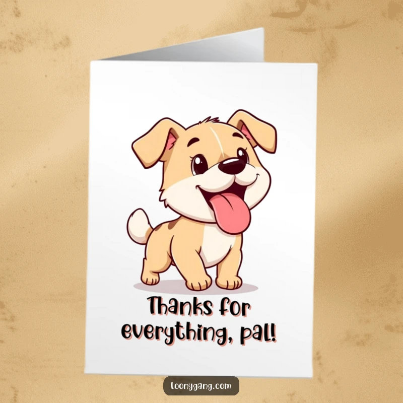 Funny Free Printable thank you card featuring a cartoon dog with its tongue lolling out, chasing its own tail, a playful DIY.