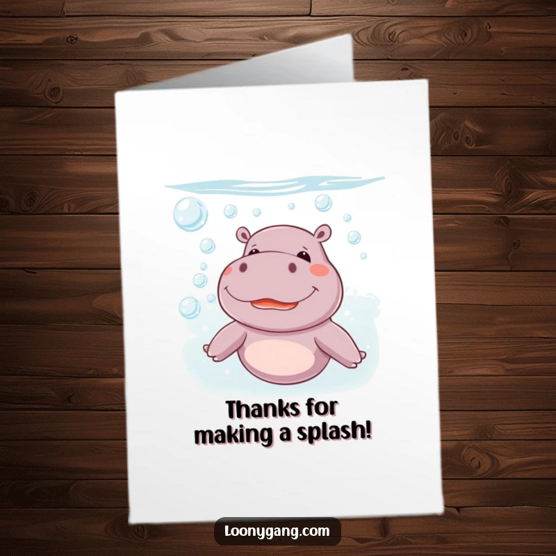 Funny Free Printable Thank You Card: Giggling Hippo underwater blowing thank you bubbles with a happy expression.
