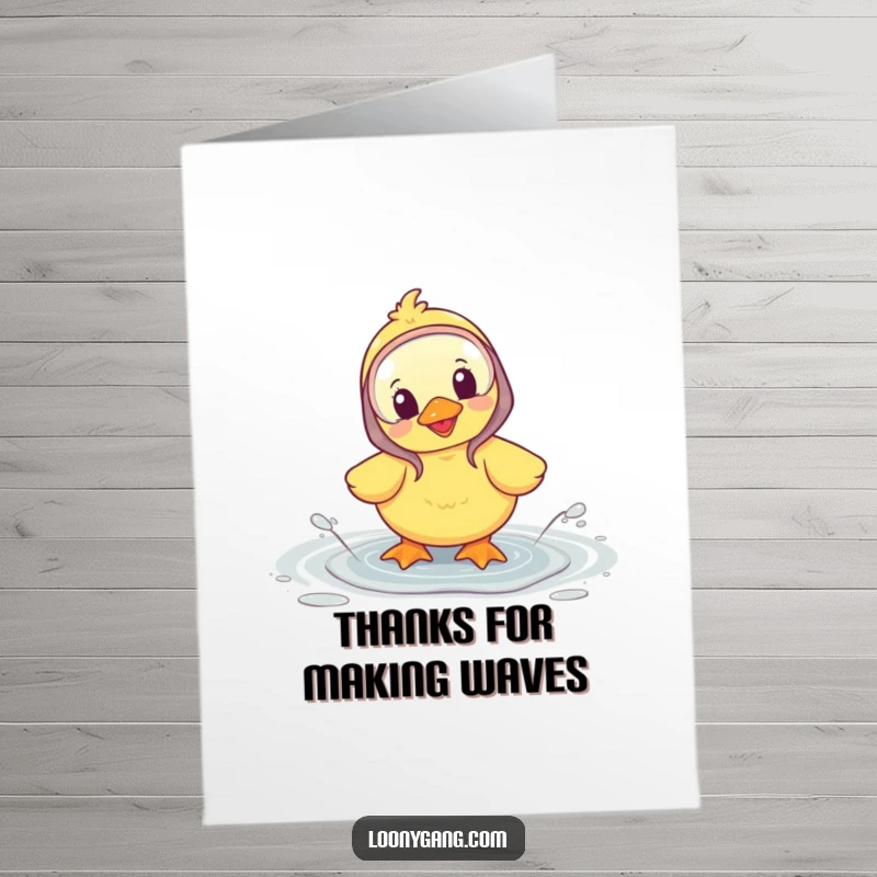 Funny Free Printable Thank You Card: A happy duckling in galoshes, splashing in a puddle to express gratitude.
