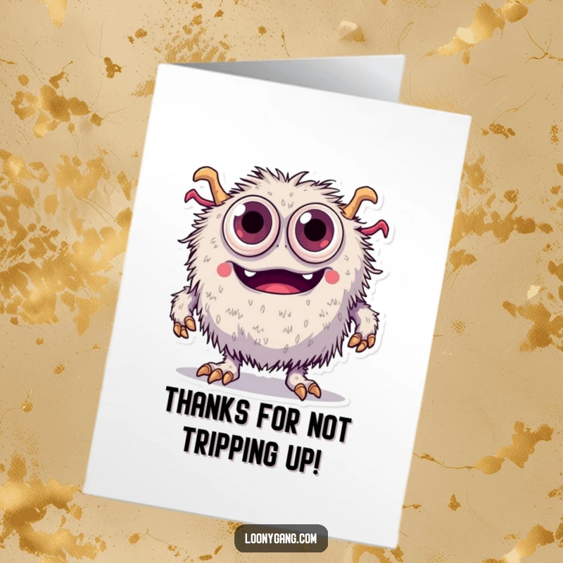 Funny Free Printable Thank You Card: Fuzzy monster with too many eyes tripping over its feet, offering thanks.