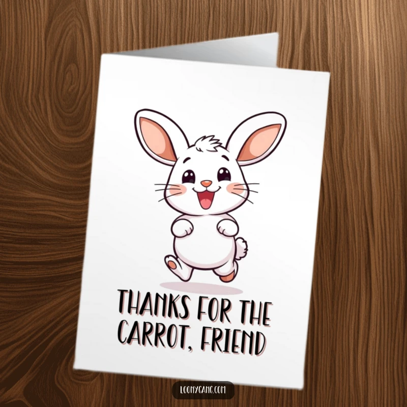 Funny Free Printable Thank You Card: A smiling bunny with oversized ears doing a delighted hop.