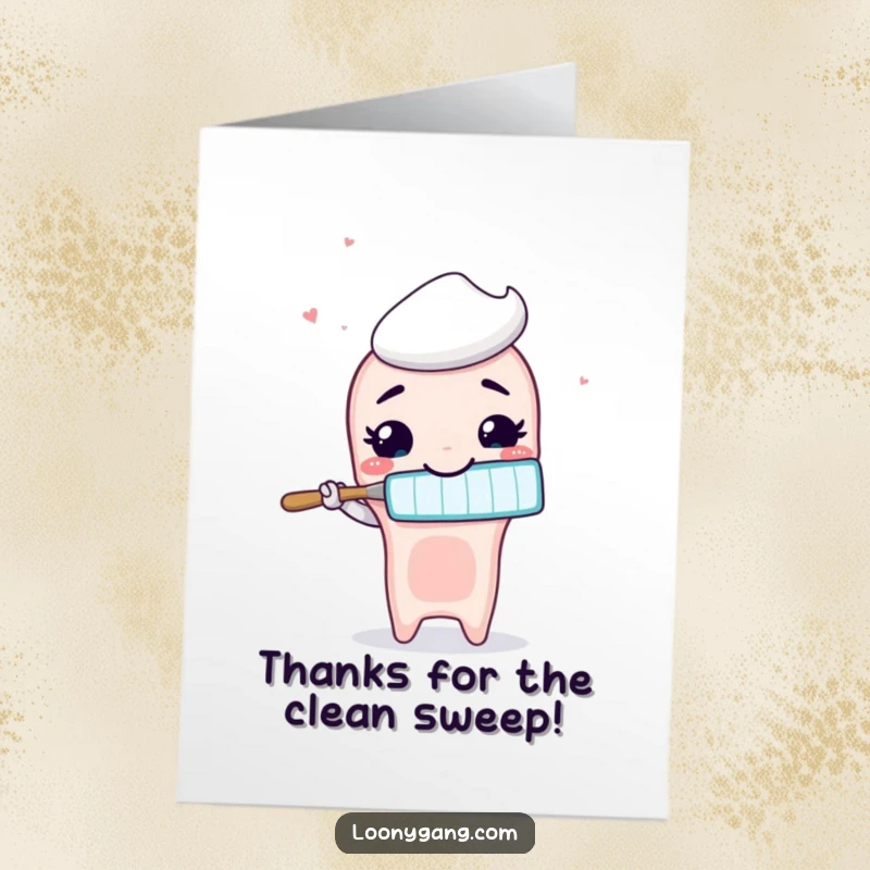 Funny Free Printable Thank You Card: Animated toothbrush with a wide silly smile brushing air, showing appreciation.