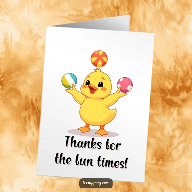 Funny Free Printable Thank You Card: Yellow duckling juggling balls, expressing thanks with a grin.