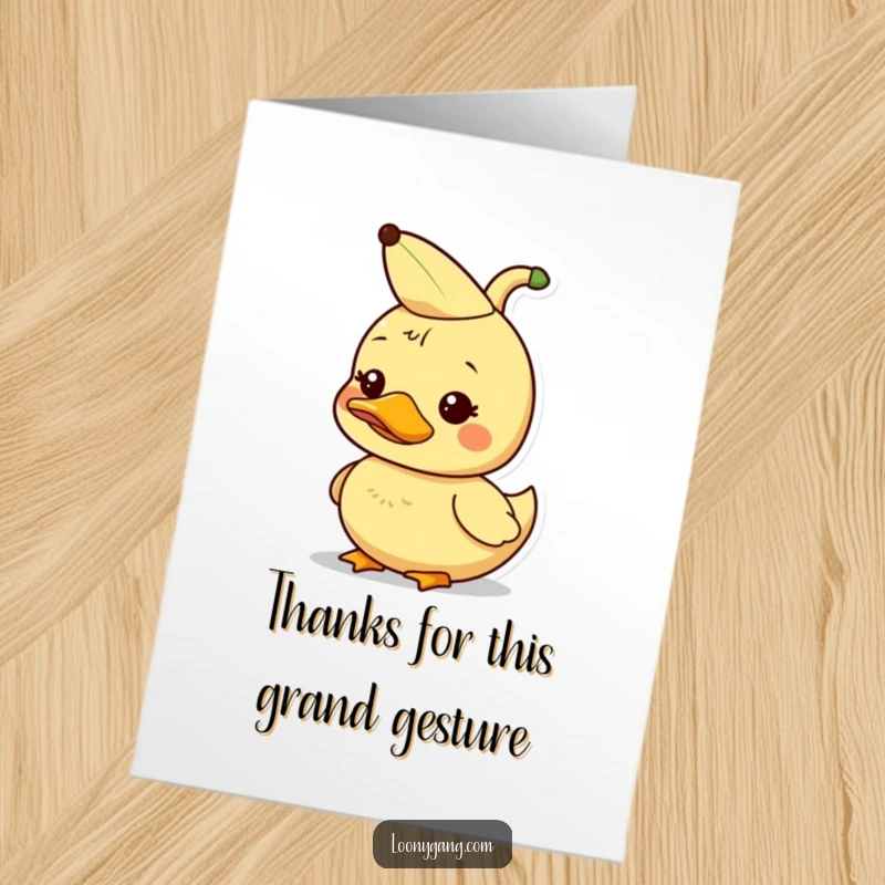 Funny Free Printable Duckling Thank You Card: Dorky duckling with a banana peel hat, sending thanks.