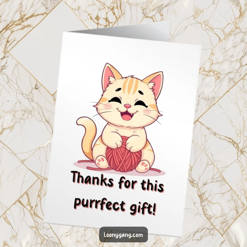 Funny free printable thank you card featuring a mischievous cat happily tangled in a yarn ball, expressing thanks playfully.