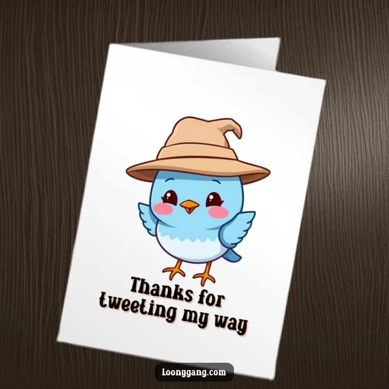 Funny free printable thank you card featuring a smiling blue bird wearing a big, crooked hat. A downloadable expression of thanks!