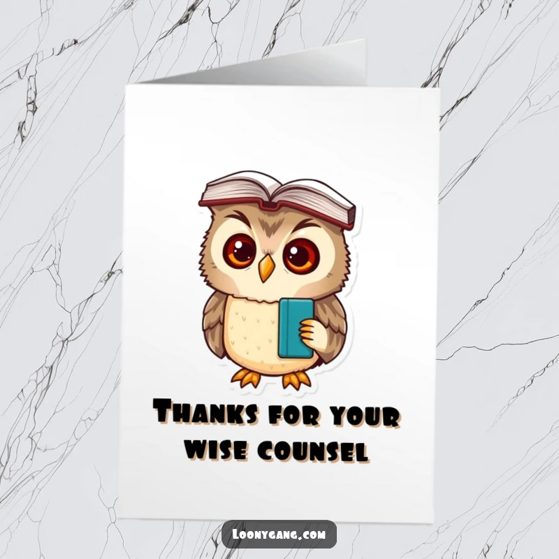 Funny free printable thank you card featuring a bewildered owl cub with a book balanced on its head, a thoughtful gesture.