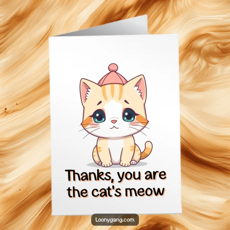 Funny free printable thank you card featuring a cat cub with a tiny hat worn backwards, exuding confusion and charm.