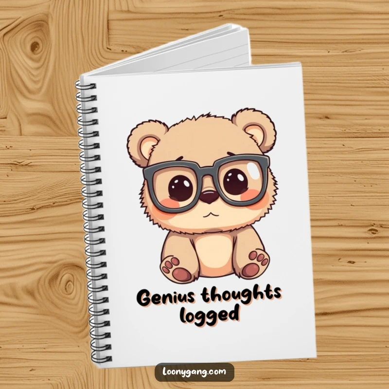 Funny bear cub wearing oversized glasses, peering around, inspiring curious thoughts on this delightful notebook.