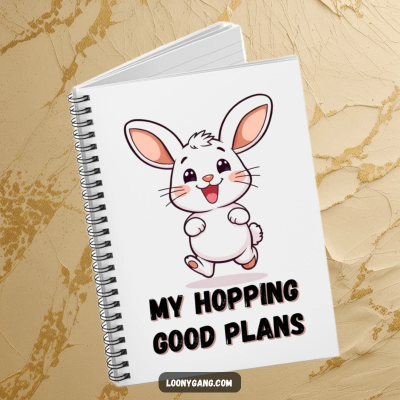 Funny notebook featuring a smiling bunny with oversized ears, mid-hop in a joyful leap, perfect for notes and doodles.