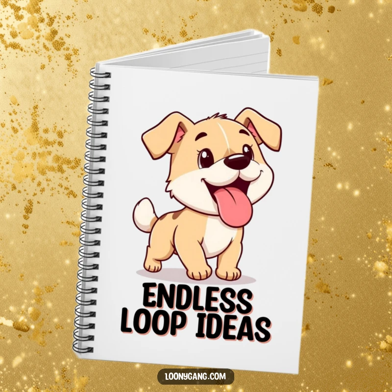 Funny cartoon dog, tongue lolling out, chasing its tail, inspiring playful thoughts on this delightful notebook.