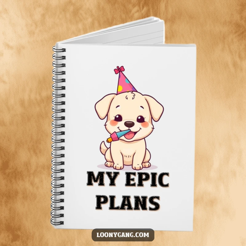 Funny notebook featuring a happy dog in a party hat, blowing a colorful noisemaker, perfect for notes and doodles.