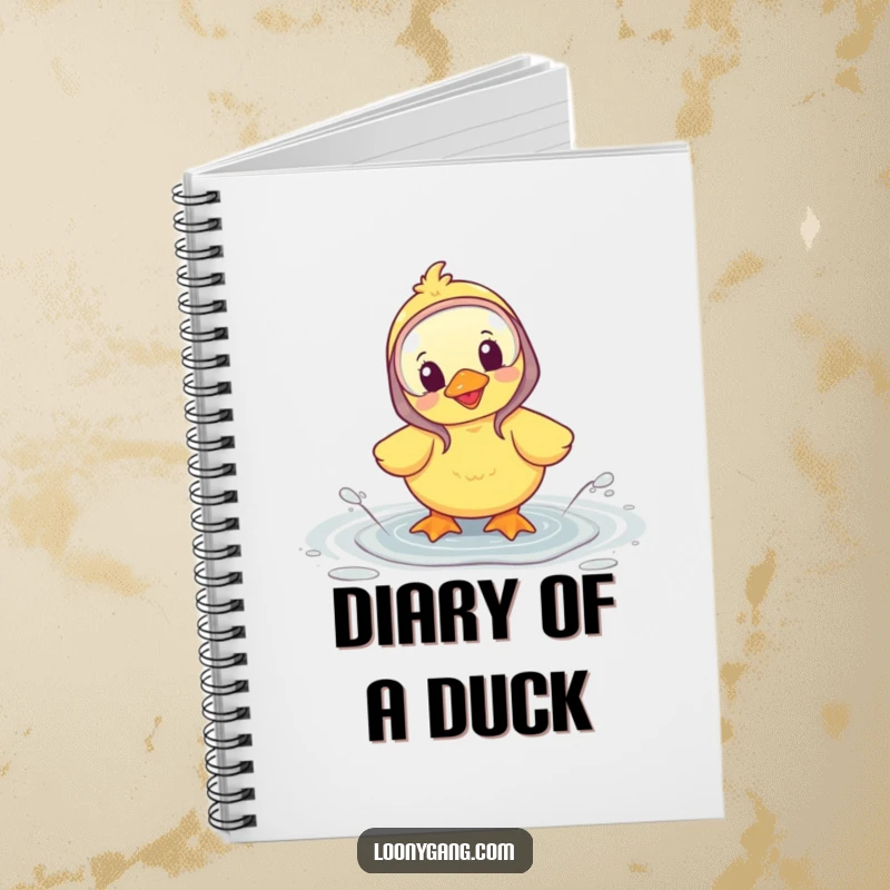 Funny notebook with a cover showing a happy duckling in galoshes splashing in a puddle, inspiring joy.
