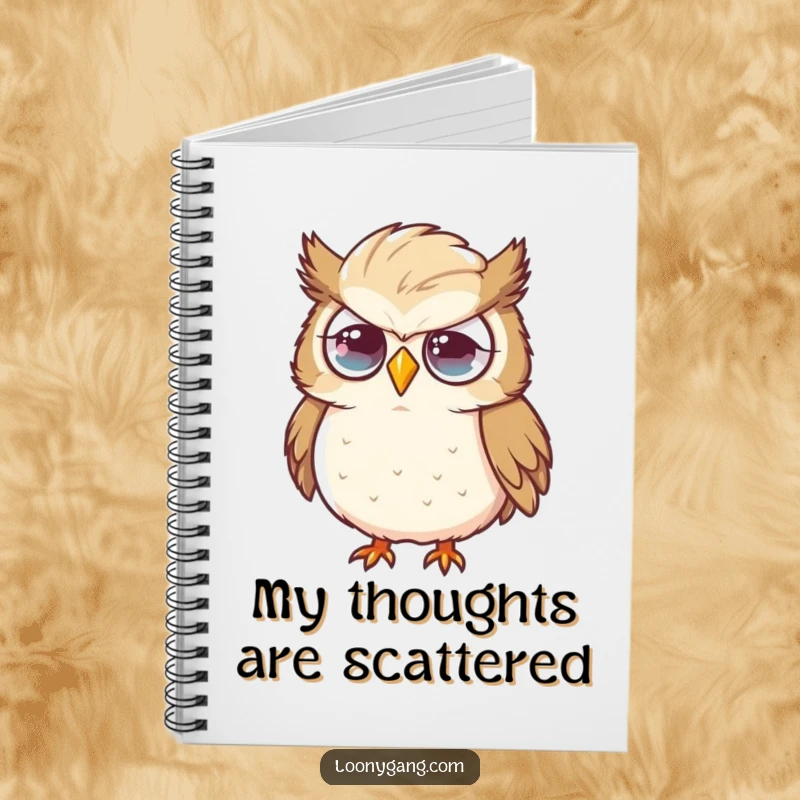 Funny owl notebook looking flustered with an oversized feather, perfect for notes, ideas, or doodles with a side of charming disarray. A funny companion.