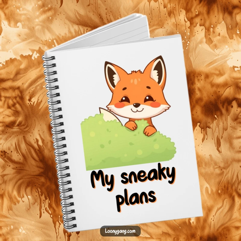 Funny Fox Notebook featuring a mischievous fox peeking from a bush, perfect for jotting down notes with a humorous and clever twist.