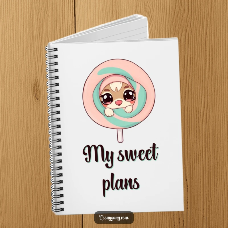 Funny notebook cover with a mischievous small creature with twinkling eyes peeking from behind a giant, wobbly lollipop, ideal for jotting notes.