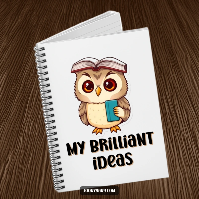A lined notebook featuring a cover illustration of a funny, bewildered owl cub with a book balanced on its head.