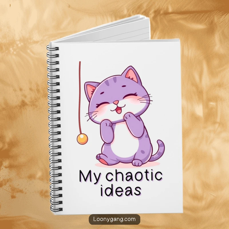 Funny purple cat notebook cover showing a cat’s playful focus on a dangling string, inspiring creative and humorous entries. Stationery gift.
