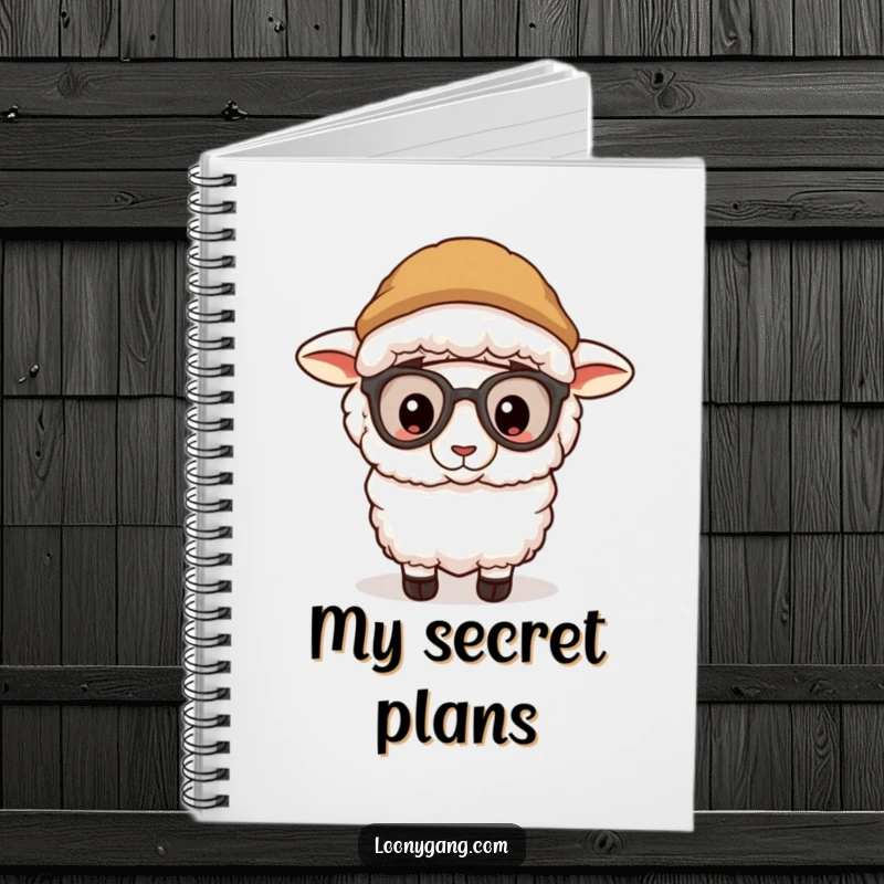 Funny sheep in a silly disguise peeking out from a notebook cover, a creative and funny gift.