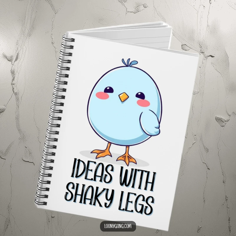 Funny Wobbly Feet Blue Bird Notebook, a cute journal with a blue bird sporting comically large, wobbly feet on the cover.