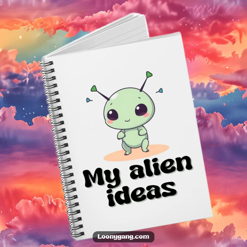 Funny alien notebook featuring a small, round creature spinning its antennae wildly, ideal for jotting down cosmic thoughts.