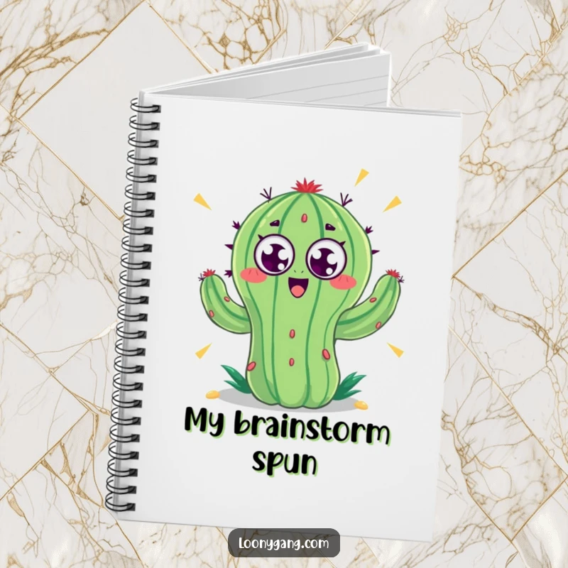 Funny notebook cover showing a cactus with googly eyes spinning rapidly, a symbol of fast-paced, chaotic thinking. Great for notes.