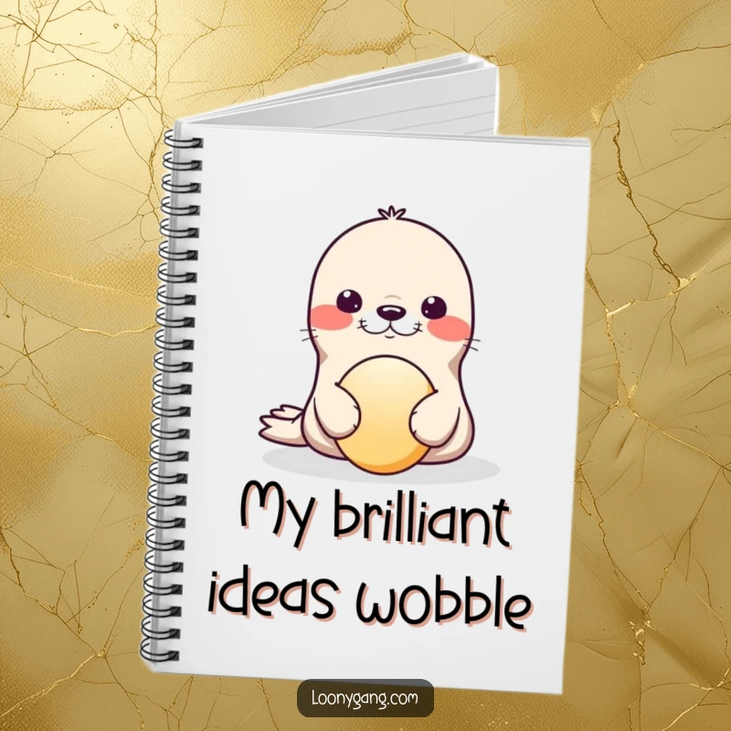 Funny Notebook cover with a playful seal balancing a ball on its nose, conveying focus and slight wobbliness.
