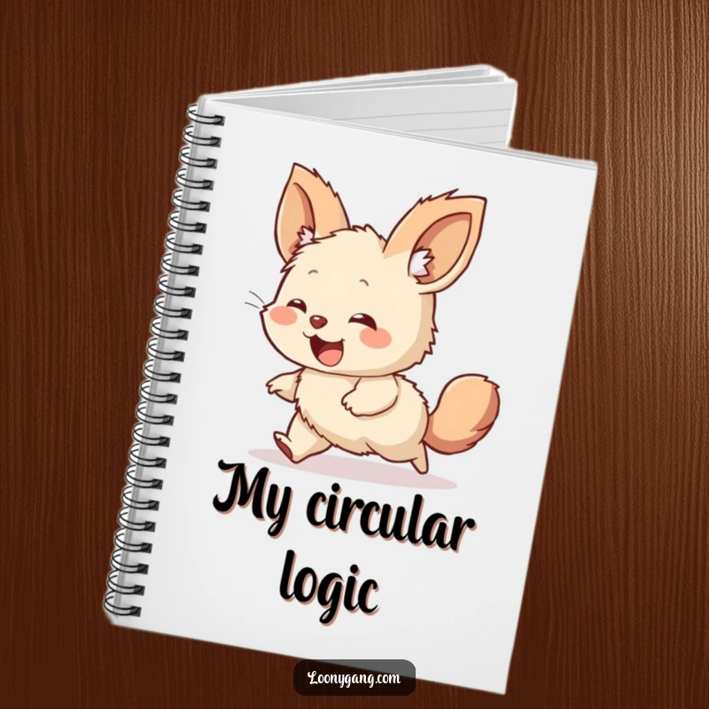 Funny notebook cover featuring a giggling, furry creature with oversized ears, comically chasing its own tail, perfect for jotting notes.