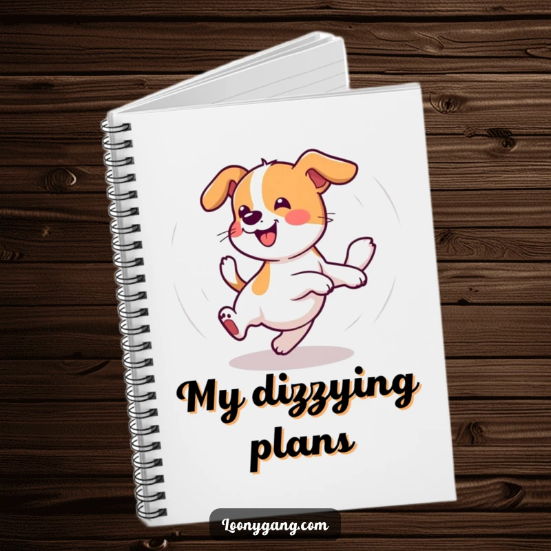 Funny Wobbly Dog Notebook featuring a dog happily chasing its tail in a dizzy circle, perfect for jotting down notes with a humorous twist.