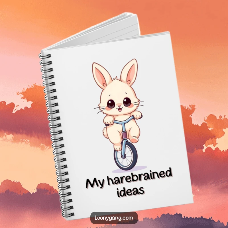 Funny rabbit unicycle notebook featuring a fluffy bunny with wide eyes, balancing on a unicycle, ideal for notes with humor.