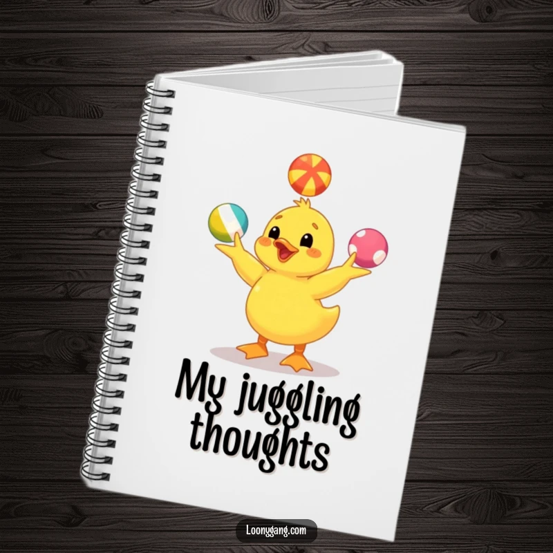 Funny yellow duckling notebook cover showing a cheerful duckling juggling colorful balls, inspiring creativity and humor. A cute stationery gift.